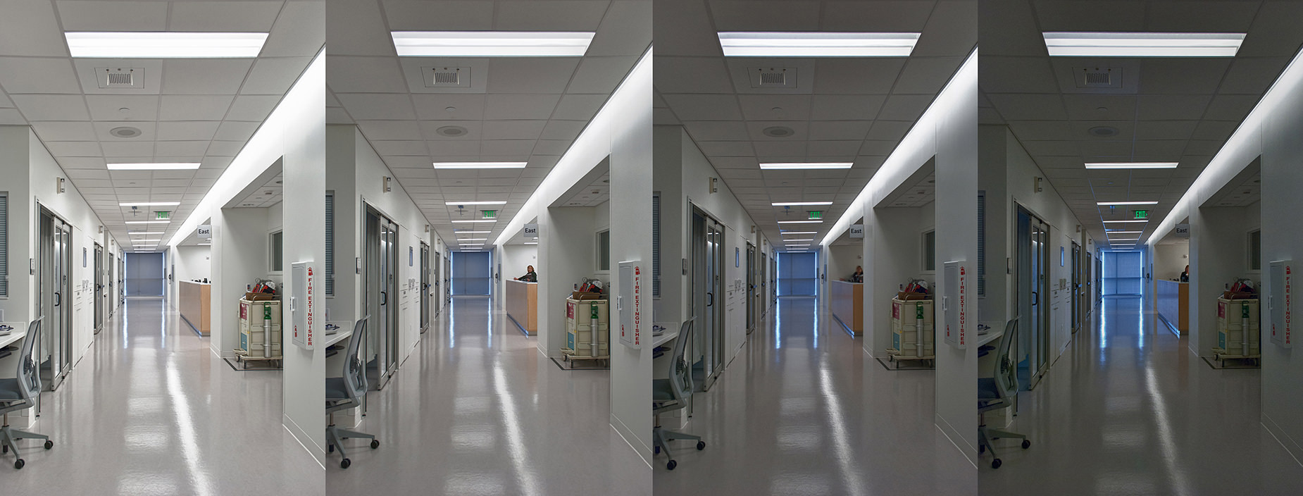 Fairview Hospital ICU lighting controls at different stages in the lighting cycle